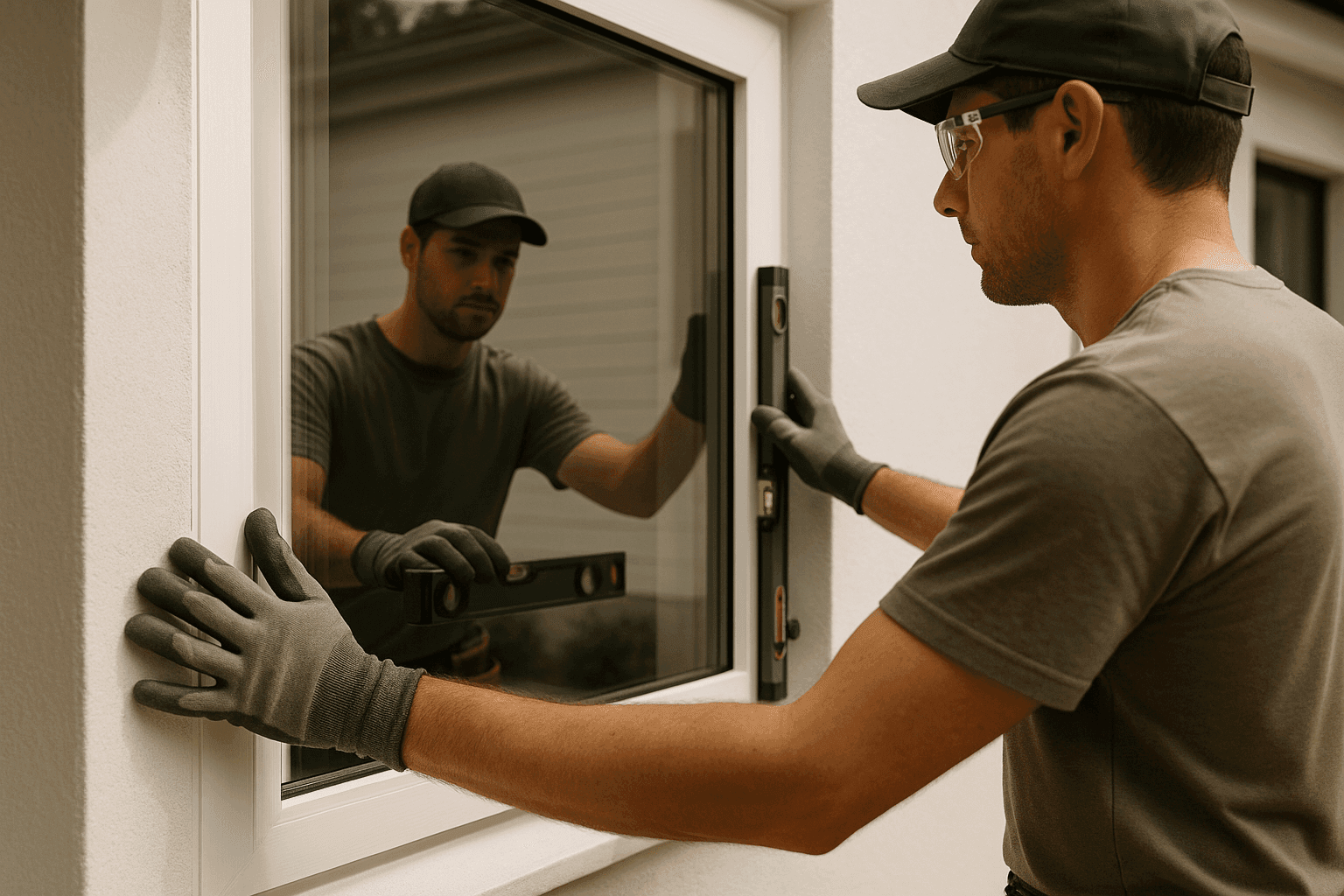 Worker wearing gloves and safety goggles fitting a new window pane at a residential installation site.