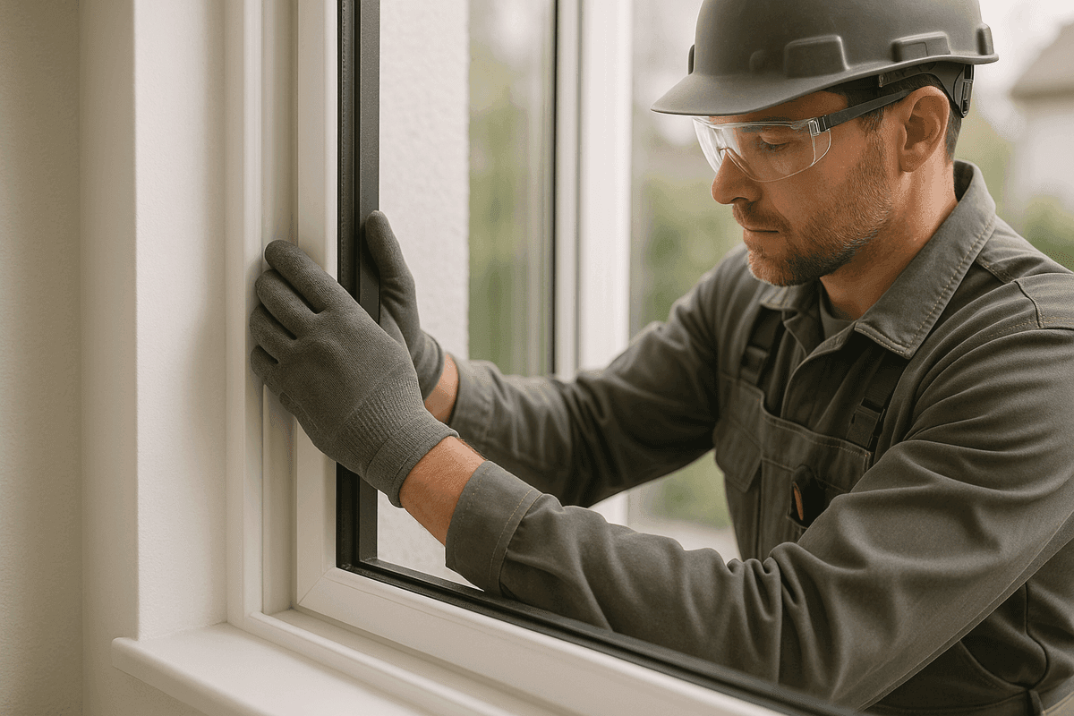 Close-up of gloved hands fitting a modern window pane into a clean frame at a residential site.