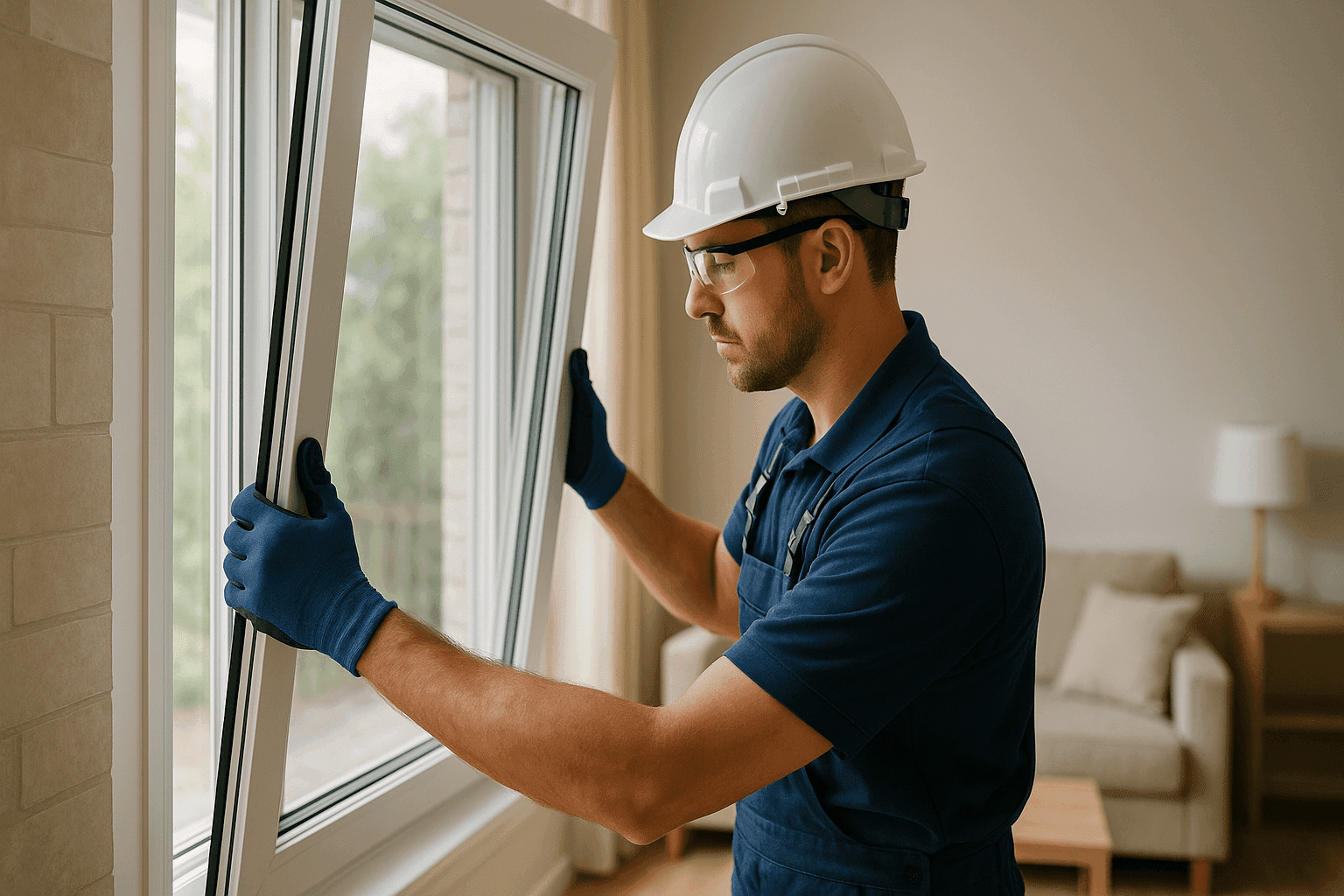 Technician installing insulated windows in a bright residential living room